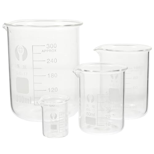 ULTECHNOVO Glass Beaker - 4pcs Glass Measuring Beakers Set Graduated Borosilicate Transparent Measuring Beaker Low Form for Science Lab Kitchen, 10/50/100/300 mL