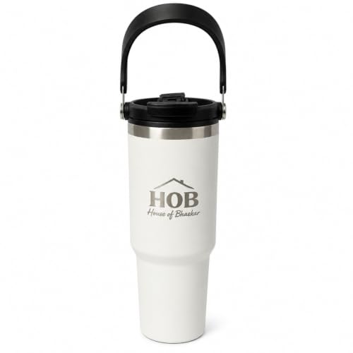 Image of House of Bhaskar 900ml Insulated Coffee Mug with Handle & Lid - Leakproof Stainless Steel Vacuum Travel Mug, Hot 8 Hrs & Cold 12 Hrs, Ideal for Gym, Office, Car & Travel (White)