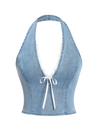 Floerns Women's Y2k Bow Tie Denim Top Sleeveless Lace Trim Halter Neck Cute Tank Top