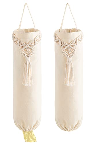 Mkono 2 Pack Macrame Plastic Bag Holder Grocery Organizer Shopping Trash Bag Dispenser Camper Boho Decor Storage for Kitchen Closet Pantry Laundry Room, Ivory, 6.3”W x 15.7”L