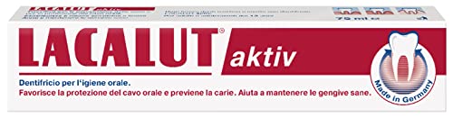Lacalut Aktiv Igiene Dentale - Dentifricio Denti Sensibili al Fluoro 75 ml - Combatte Placca e Tartaro, Anche per Gengive, con Clorexidina e Aroma di Menta per Alito Fresco e Completa Igiene Orale