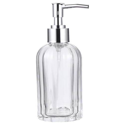 Lurrose ガラス製ローションボトル 按圧式ポンプ付き 化粧品詰替え容器 シャンプー シャワージェル対応 バスルーム用 おしゃれ縦縞デザイン