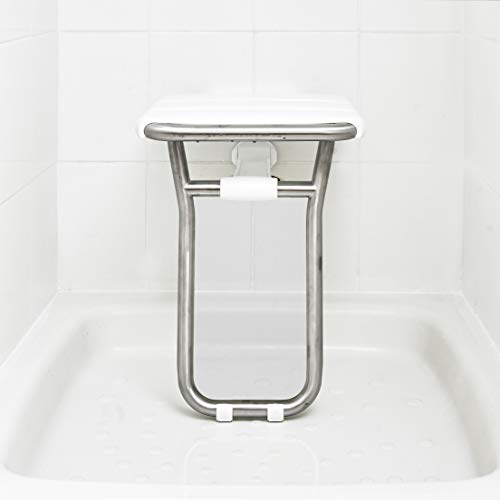 Helping Hand Company Kingfisher Wall Mounted Folding Shower Seat for Elderly. Folding with Drop Down Legs for Elderly or Disabled. White Plastic Coated Steel. 100kg (15st 7lbs) Weight Limit