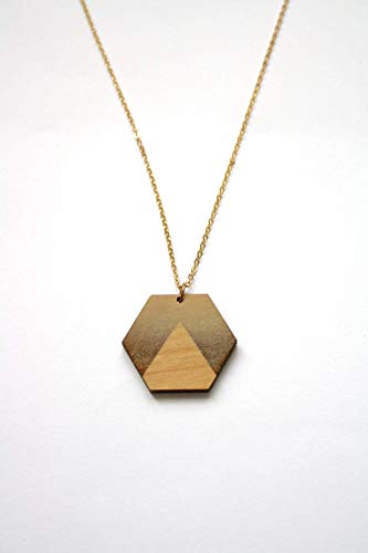 Sautoir pendentif bois, collier long hexagone motif triangle, bijou géométrique, bijoux moderne minimaliste, bohème chic, chaîne laiton doré. – vue 5