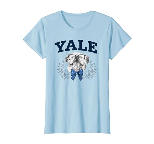 Yale University Bulldog Handsome Dan with Glasses and Bow T-Shirt, Women, Baby Blue, Large