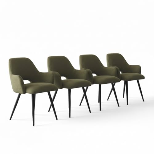 Image of Finch Fox Motel Luxurious Home Collection Upholstery Fabric Arm Dining Room Chairs in Olive Green Color with Black Metal Powder Coated Legs (Set of 4)