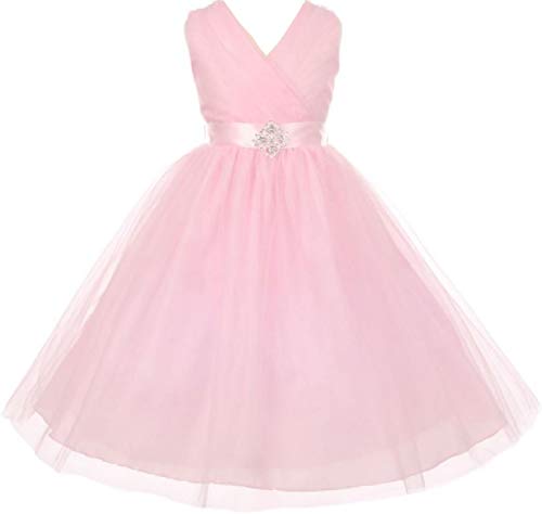 Little Girls Tulle V Neck Rhinestone Brooch Flowers Girls Dresses