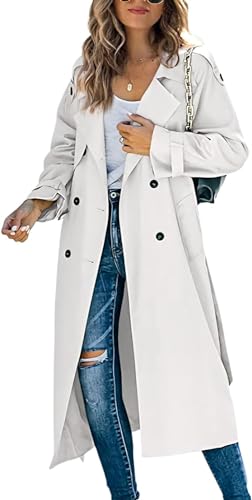 Gabardina de Doble Botonadura para Mujer Abrigo Largo de Negocios Abrigo Largo de Primavera y otoño sección Delgada Informal Gabardina Delgada (Blanco,L)