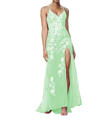 Image of Long Spaghetti Straps Tulle Mermiad Prom Dress V Neck Lace Appliques Formal Dress with Slit SF203