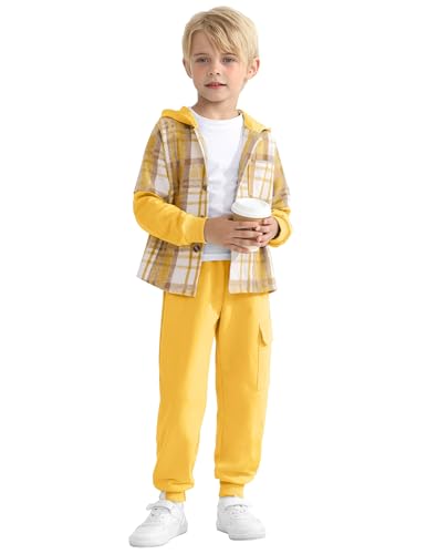 Image of 2Pcs Boys Clothes Sweatsuit Set Hoodie Flannel Plaid Shirt and Jogger Pants for Kids Fall Winter Spring Outfits