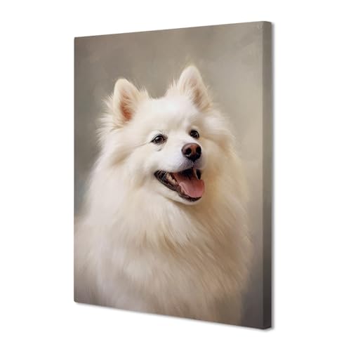 Ganshan Bi Cute American Eskimo Dog Dog Canvas Wall Art Dog Puppy Animal Portrait Canvas Print Painting Poster for Home Living Room Bedroom Decor Unframed, Style 3
