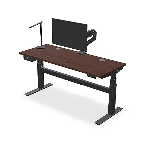 Image of UPLIFT DESK - V2 Dark Rubberwood Butcher Block (72 x 24 inch) 1.5 inch Desktop Standing Desk, Height Adjustable Commercial Frame (White), Advanced Keypad, Wire Grommets, Wire Tray, Rocker Board
