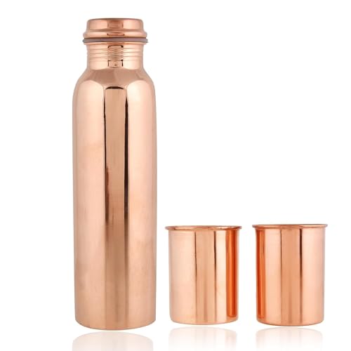 Image of Copper Water Bottle 1 Ltr | Copper Water Bottle with Glass Set | Meena Work | 100% Pure | Leak-Proof | 2 Water Glass 300ml each | Best for Gifting ((Smooth Finish))