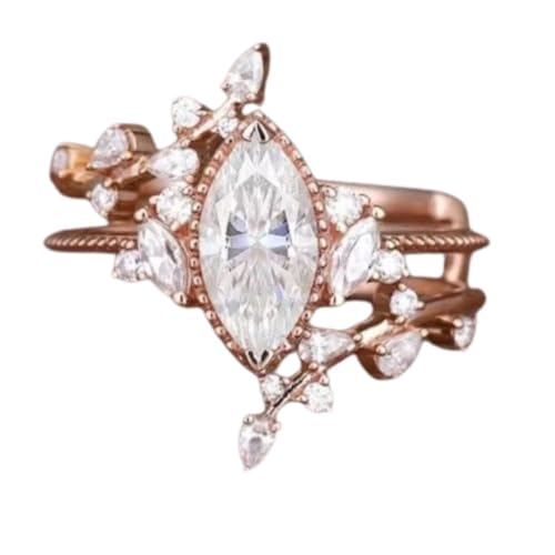 SilverDia 1.50 Ct Marquise Diamond Vintage Milgrian Nature Inspire Side Stone Engagement Ring Set 14K Rose Gold Finish Gorgeous Stacking Matching Enhancer Wedding Band Set Handmade Women Jewelry