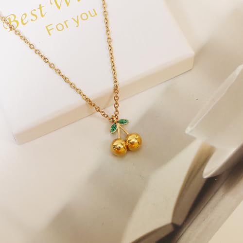 Elegant 18K Gold Cherry Pendant Necklace with Green Enamel Leaves Fashion Statement Accessories