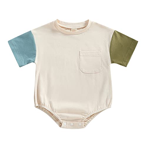 Image of Kayotuas Baby Bubble Romper Infant Oversized Crewneck Tshirt Bodysuit Short Sleeve Color Block Shirt Tops Cute Summer Outfits