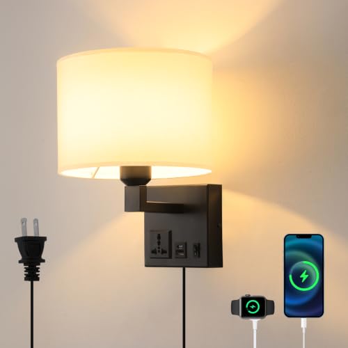 Image of Plug in Wall Sconce, Wall Lamp with Black Base Cylindrical Shape | Wall Lamps for Bedroom Living Room Hotel, Dimmable 1pcs Bulb Included, Bedside Lamp with AC Outlet & USBA+C Charging Port