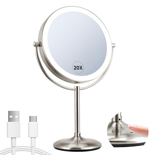 VORREMIRR 9 Lighted Makeup Mirror 1X/20X Rechargeable Magnifying Mirror with 3 Color Dimmable Lights for Bedroom Tabletop Base Charging and Switch Women Gift