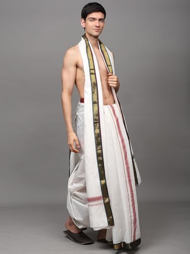 Men's Cotton Dhoti and Angavastram with Zari Woven Border | Elegant Border Design Dhoti Gamcha Set for Wedding Pooja Festive Wear2