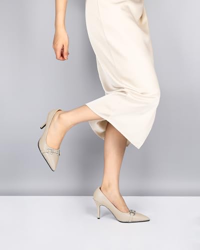 SAMMITOP Women Beaded Pumps Closed Pointed Toe High Heel Buckle Bow Slip On Stilettos 3.5 Inch Sexy Heeled Dress Shoes3