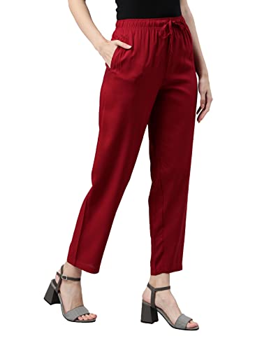 Image of GO COLORS Women Solid Mid Rise Relaxed Fit Viscose Casual Pants