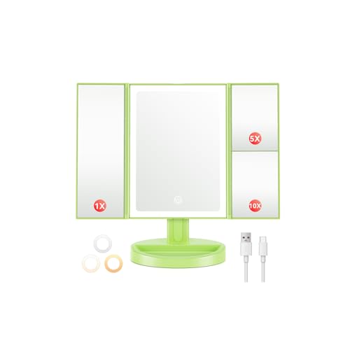Auxmir Miroir Maquillage Grossissant Lumineux 10x/5x/1x - 68 LED, Rechargeable USB 1200mAh, Triptyque, Écran Tactile, Rotatif 180°, Vert