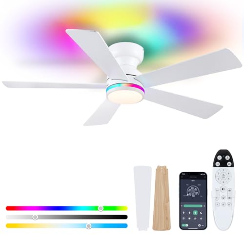 White RGB Ceiling Fans with Lights - 46 Flush Mount Ceiling Fan with Remote APP RGB+3CCT Dimmable Led Light Reversible 6 Wind Speeds&2H Timer Low Profile Modern Fan Light Fixture for Bedroom Party