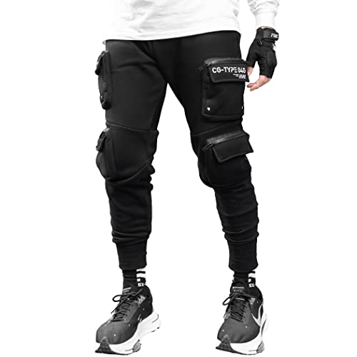 Fabric of the Universe Techwear Fashion Cargo Jogger Pants (Black CG-Type 04G, Medium)