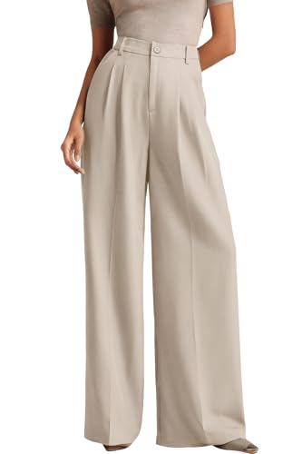 ELLEVEN Work Pants Women Wide Leg Dress Pants Business Casual Palazzo Flowy Trousers Elastic High Waisted Suit Slacks Dressy Office Trousers with Pleats Apricot Large