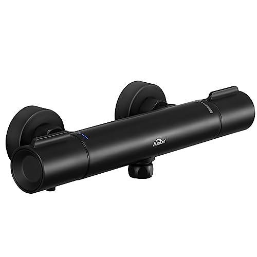 Auralum Grifo Ducha Termostatico 38°C, Grifo Ducha Negro con Botón De Seguridad, Superficie Antiquemaduras, Latón Grifo De Ducha Para Baño