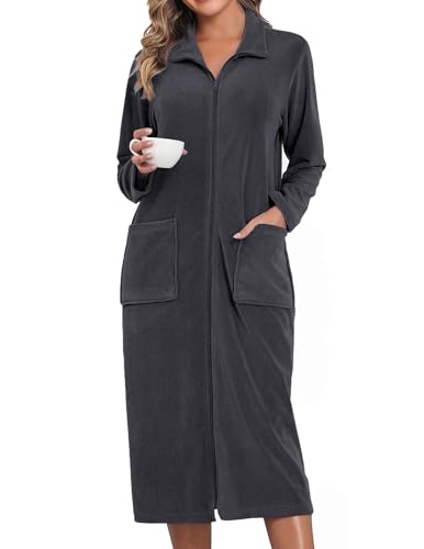 Viakeo Fleece Bademantel für Damen Reißverschluss Nachtkleid Lang Bathrobe Leichtgewicht Hausmantel mit Taschen S-3XL