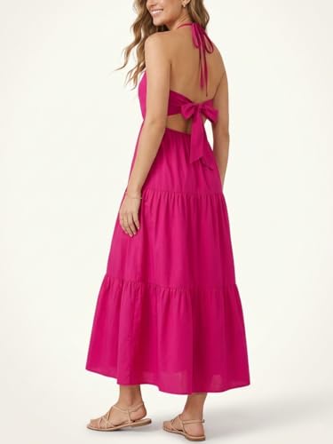 Image of Women's Casual Halter Tiered Vacation Maxi Dress with Pockets