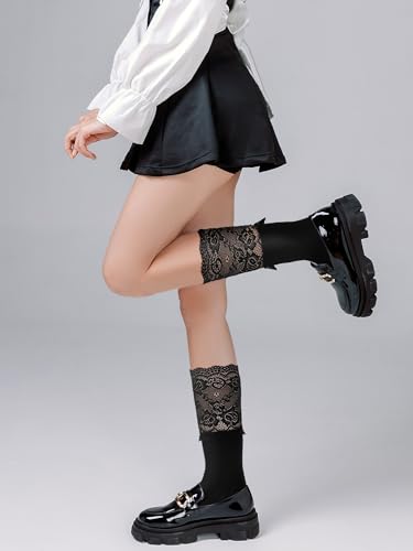 Image of Fourluoo 4 Pairs Women's Lace Socks Calf Stocking with Lace Trim Long Knee High Stockings Lolita Boot Socks