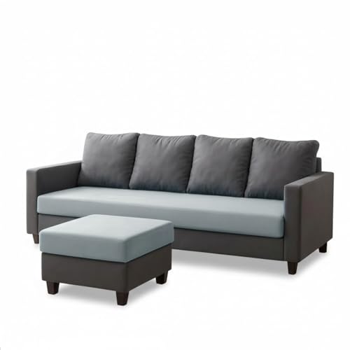 Image of FURNY Arnold 5 Seater L Shape Sofa Set with Movable Ottoman | Flexible Left or Right Layout | Plush Velvet Fabric (Dark Grey-Light Grey) | Perfect for Living Room, Guest Room & Office