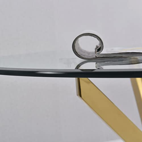 Henf Modern Glass Round Top Dining Table With Gold Metal Legs, Contemporary Circle Tempered Glass Dining Table With Stainless Steel Base For Home Office Kitchen Dining Room (Table Only) #TOP6