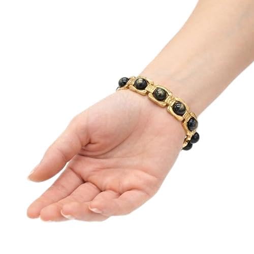 Black Obsidian Gold-Plated Bracelet with Black Obsidian Beads and Engraved Detailing, Fashion Wrist Jewelry for Men and Women-image-34