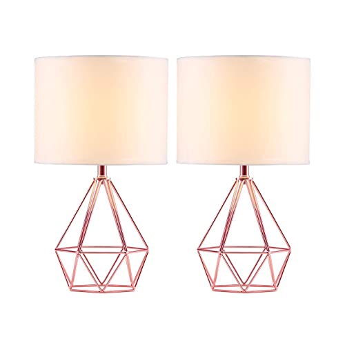 SOTTAE Rose Gold Hollowed Out Base Modern Lamp Bedroom Livingroom Beside Table Lamp, Small Copper Desk Lamp with White Fabric Shade( Set of 2 )
