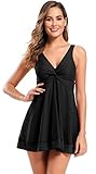 SHEKINI Damen Einteilige Badeanzug Elegant Badeanzugkleid Badekleid Schwimmrock Retro Ruched Bauchweg Schwimmkleid Baderock (Large, Schwarz-2)