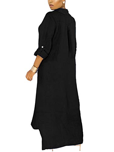 Chatinction Women Solid Color 3/4 Rolled-Up Sleeve Dress Sexy Buttons Down Side Slit Shirts Maxi Dresses3
