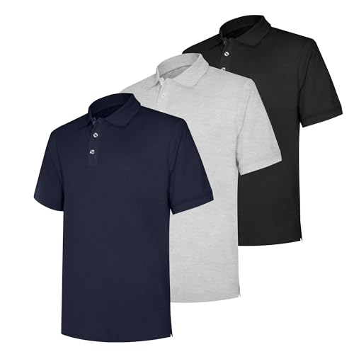 LiKing Herren Polo Shirts Baumwolle 3er Set Poloshirt Männer Hemd T-Shirt Kurzarm Shirt Einfarbig Casual Polohemd Atmungsaktives Schwarz Blau Grau L
