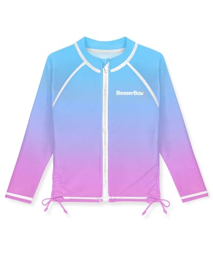 Image of BesserBay Girls Rash Guard UPF 50+ Zip Up Raglan Long Sleeve Adjustable Drawstring Swim UV Jacket 4-14 Years