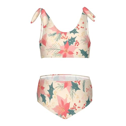 KLL Watercolor Christmas Pattern Poinsettia Spruce Girls' 2 Piece Bikini Set Beach Bathing Suit Swimwear Adjustable Strap