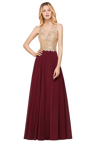 Misshow Cocktailkleid, lang, für Abend, Vintage, Kleid für Hochzeit, Damen, Gast, mit Applikationen, bordeaux, 44