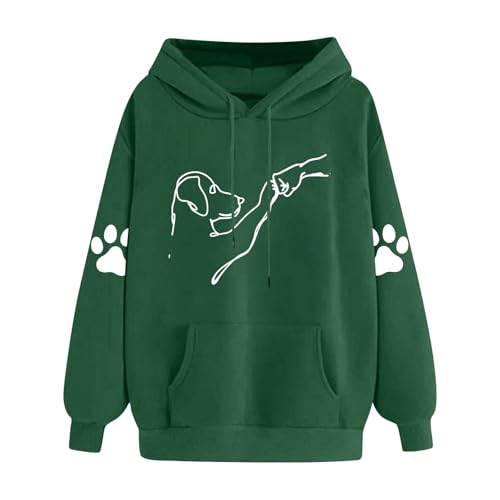 KOG Hoodie für Damen Baumwolle Kapuzenpullover Hunde-Print Hoodies Warmes Hooded Sweatshirt Frauen Kleidung 2025 Warme Teenager Mädchen Casual Slim Fit Pullover Bekleidung Armeegrün XL