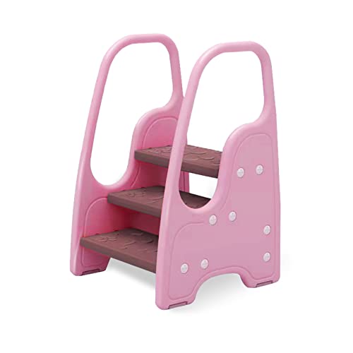 Image of 3 Step Stool for Toddler,Kids Three Step Stool for Bathroom Sink or Kitchen Counter Standing Tower, Children Step Up Learning Helper with Safety Handles and Non-Slip Pads,Pink
