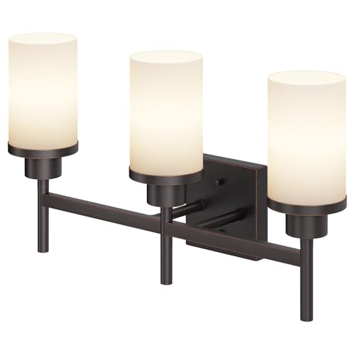 Image of Vanity Lighting Fixtures Oil Rubbed Bronze 3-Light with White Frosted Glass Shade, Wall Sconces for Bathroom Cabinet Porch Kitchen T001ORB-L3