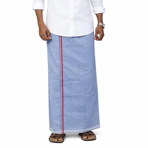 Image of Pure Cotton Dhoti for Men (1.28 x 1.87 m) | Solid Panchalu with Varied Small Color Border | Kerala Cotton Veshti, Khadi Dhoti | Lightweight Pooja & Temple Wear