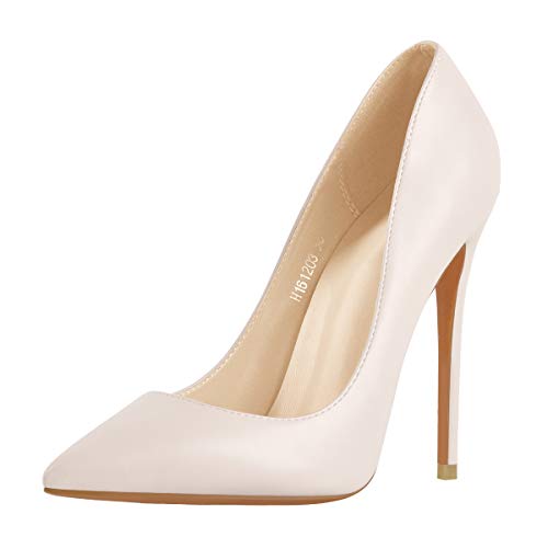Image of Richealnana Women's Classic Dress Pumps Pointed Toe Sexy Slip On Stiletto Sky High Heels Pumps PU Beige Size 10