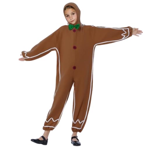 Kouoybt Christmas Gingerbread Man Costumes for Adults Kids Long Sleeve Hooded Jumpsuit Cute Gingerbread Cosplay Outfits for Halloween Christmas (Kids-1, 3-4T) โ image 1
