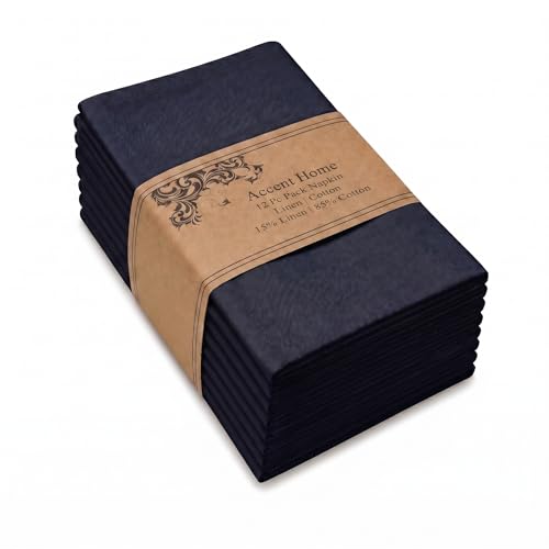 ACCENTHOME Navy Cotton Linen Napkin Set of 12 18x18 inch Dinner Napkins